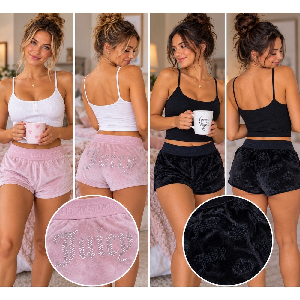 Juicy Couture Velour Lounge Shorts Set 2 Pack Black Pink Rhinestone Medium